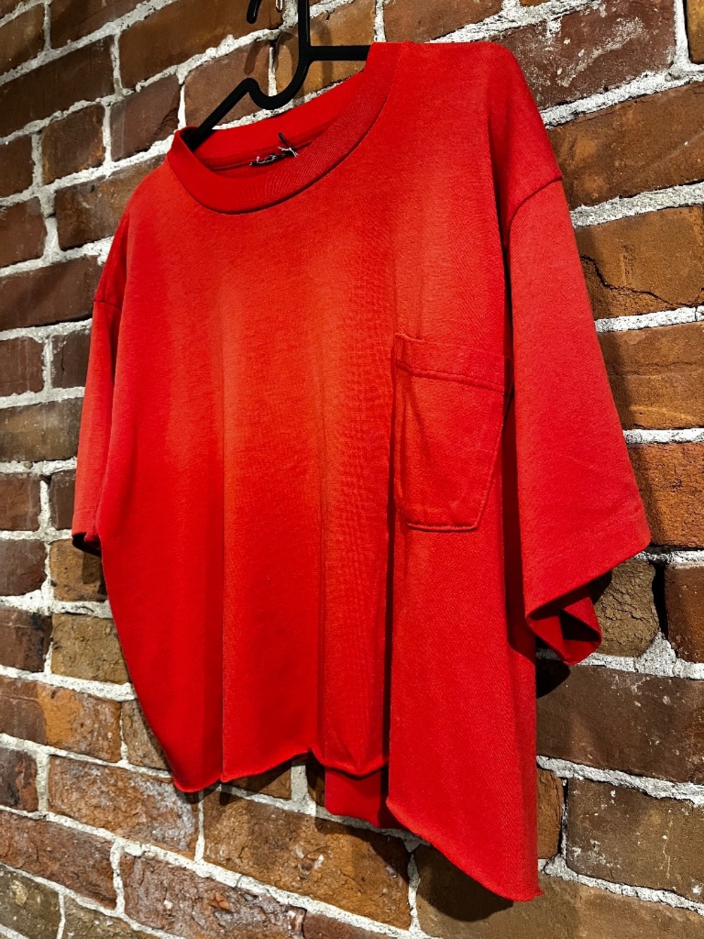 Vintage Plain Red Cropped Single Stitch Tee with Pocket